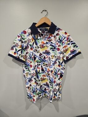 Polo by Ralph Lauren White Multicolor Tropical Print Polo with Navy Collar
